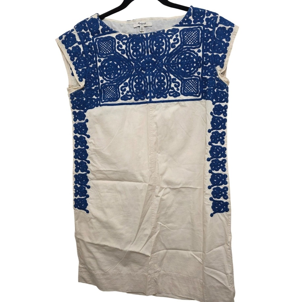 Madewell XS Cream & Blue Embroidered Cap Sleeve Dress Cotton Tunic